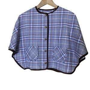 Janie and Jack Plaid Cape Jacket Girls 7-8 Blue Brown Button Front Ruffle Pocket